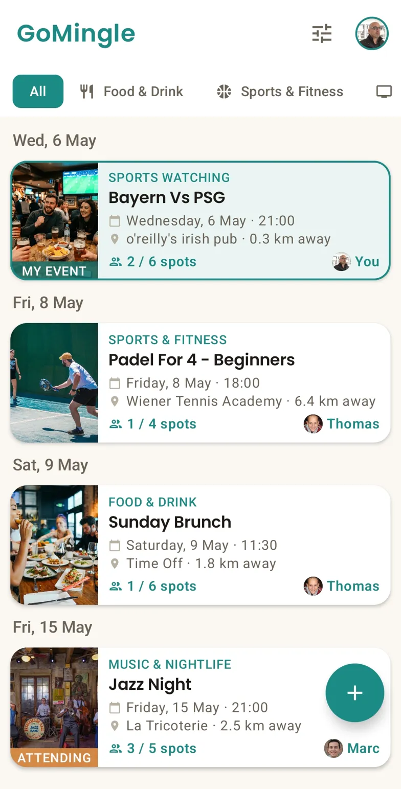 GoMingle event feed showing real activities happening this week