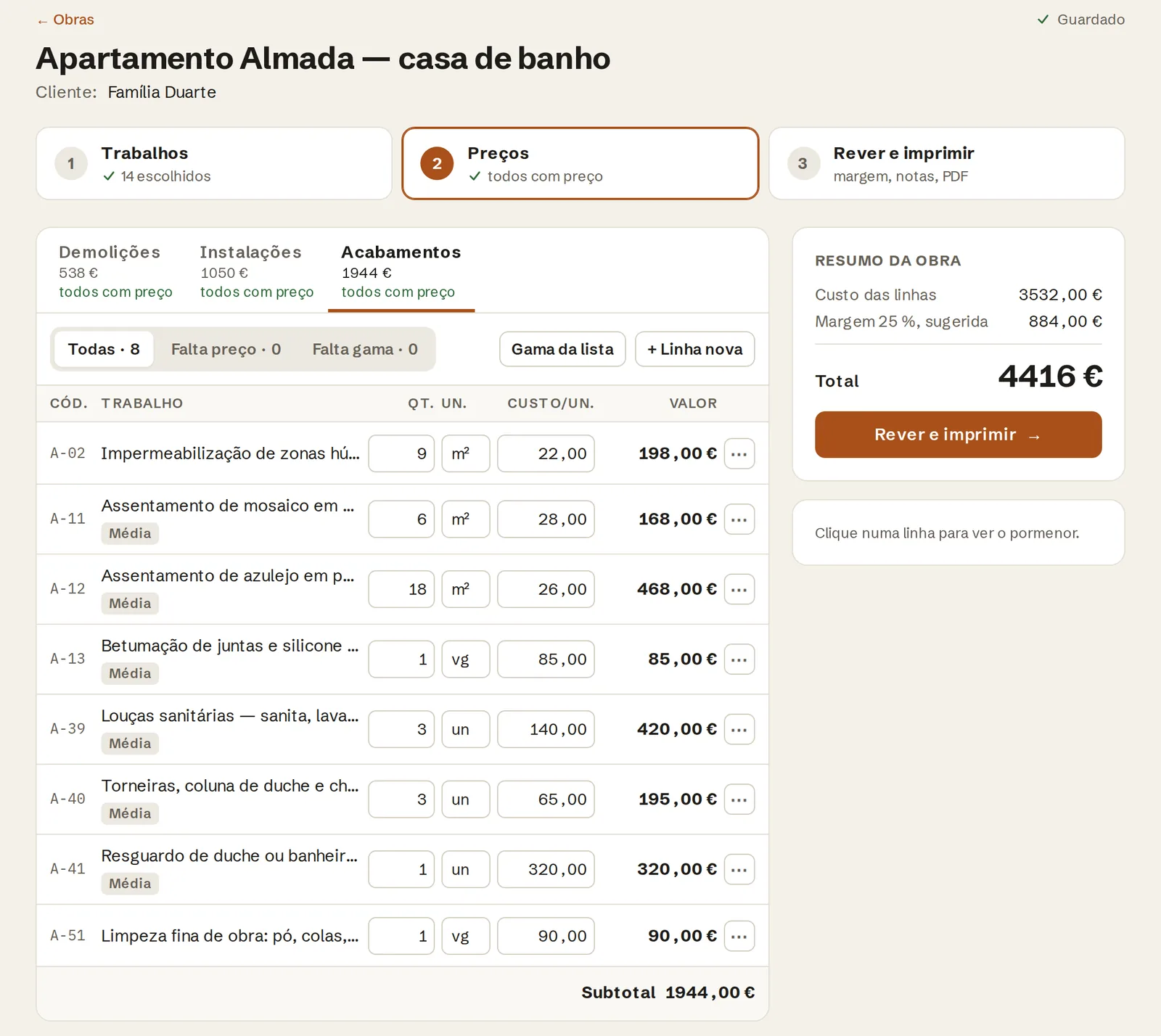 Zirma quote screen, in Portuguese, for a sample bathroom renovation: priced line items and the quote total